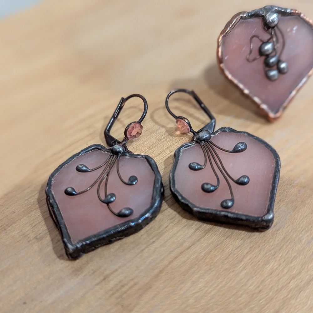 Hand Crafted Israeli Artisan Made Stained Glass Pink Leaf Earrings & Ring Set.